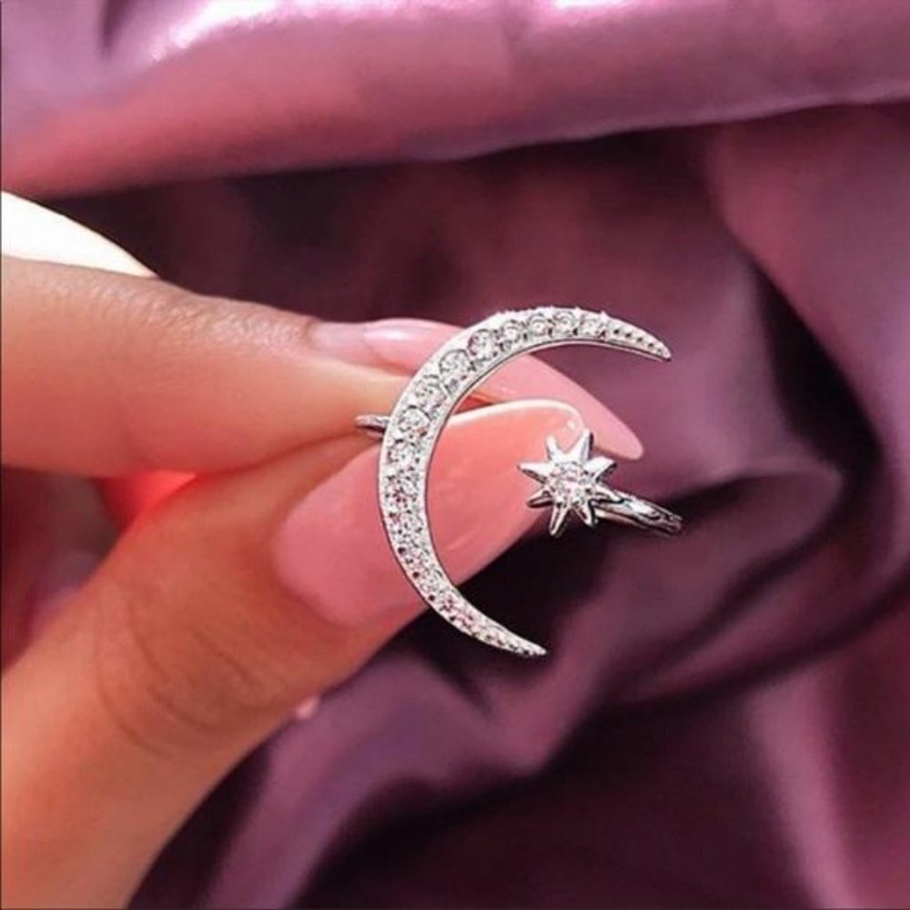 ADJUSTABLE 925 SILVER DIAMOND STAR MOON RING, CUTE RING, SHINY RING. - Picture 4 of 4